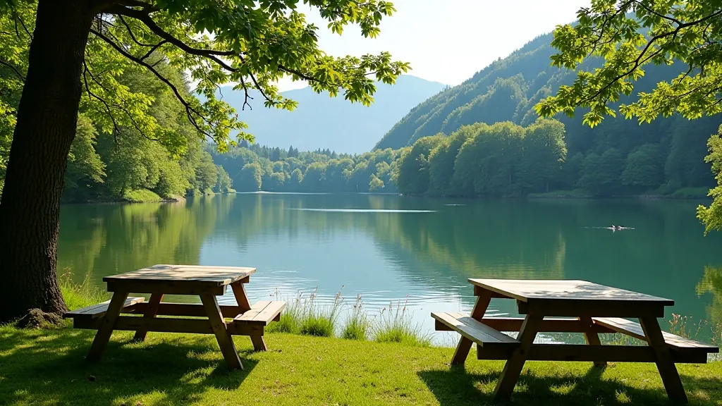 Beautiful lakeside setting with picnic tables and calm water reflecting trees in Czech Republic landscape