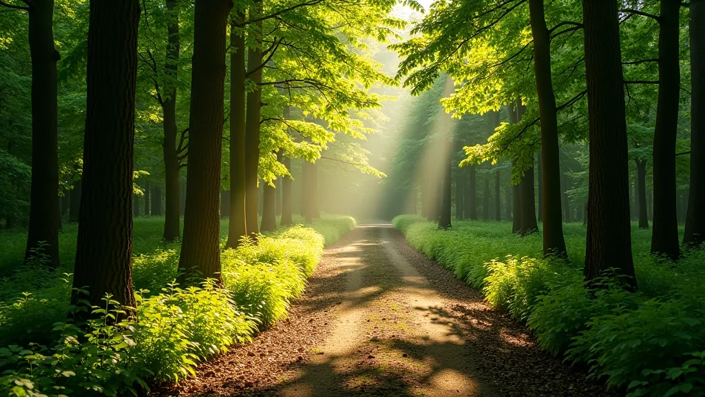 Forest path through Šumava woods with dappled sunlight through trees