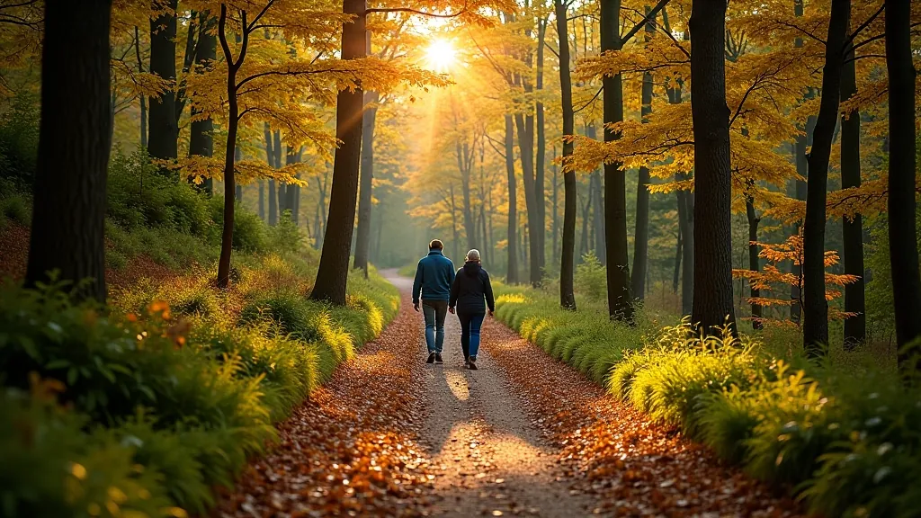 Forest trail through Šumava woods with hiking path, autumn foliage, and peaceful natural scenery suitable for various fitness levels