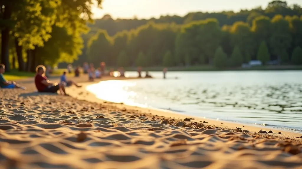 Macha Lake beach area with sunbathers and calm water during golden hour, accessible shoreline visible