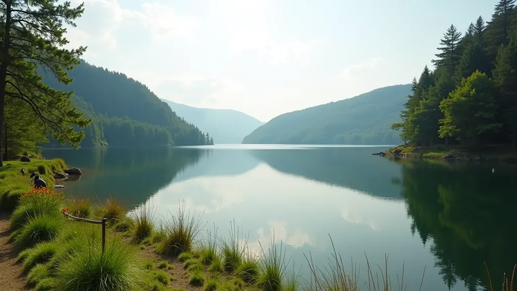 Slapy Lake scenic overlook with rolling hills and forest edges framing calm water surface