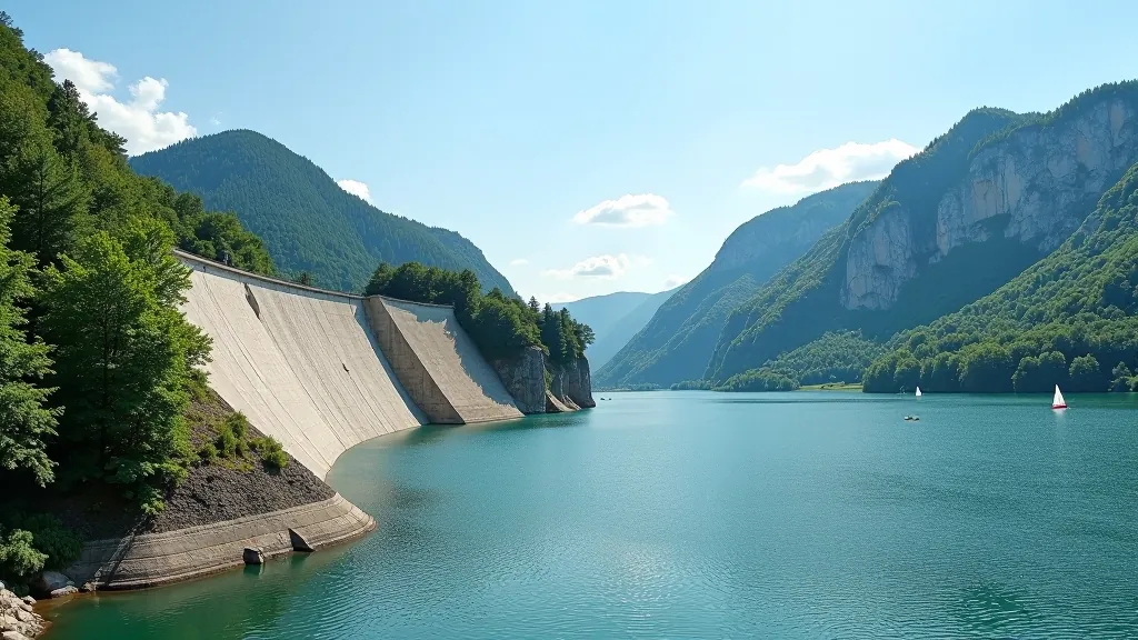 Orlík Lake dam structure and water with sailboats, surrounding forest landscape visible