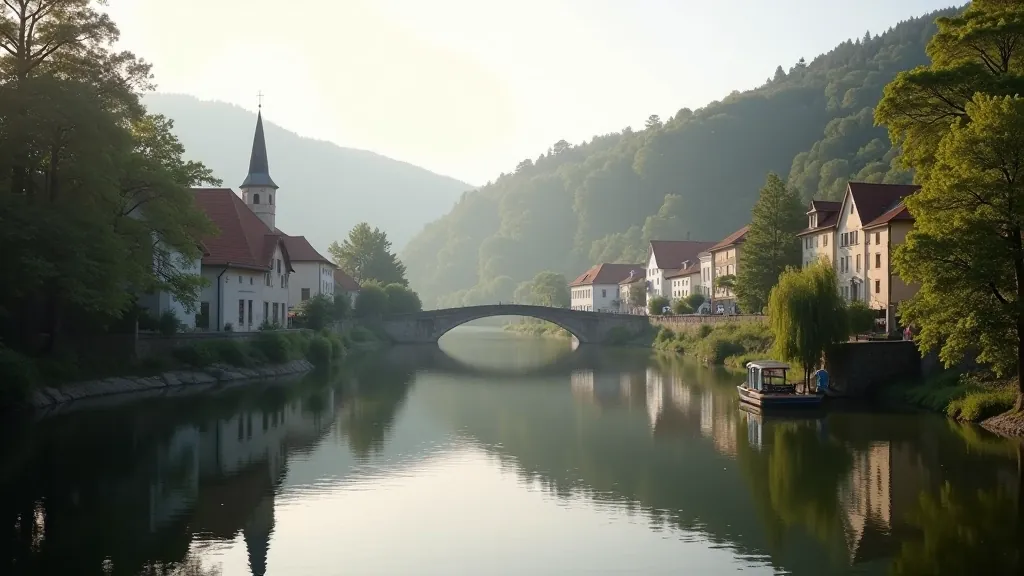 Peaceful riverside village with historic buildings reflected in calm Vltava water, early morning light