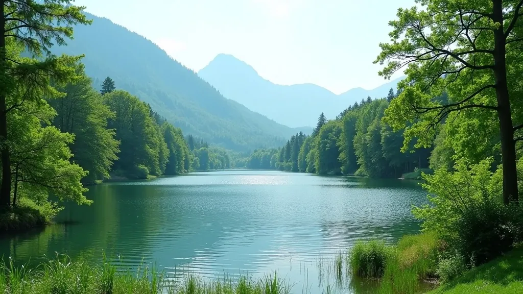 Peaceful nature landscape with a serene lake surrounded by green forest and mountains in Czech Republic, perfect weekend escape destination