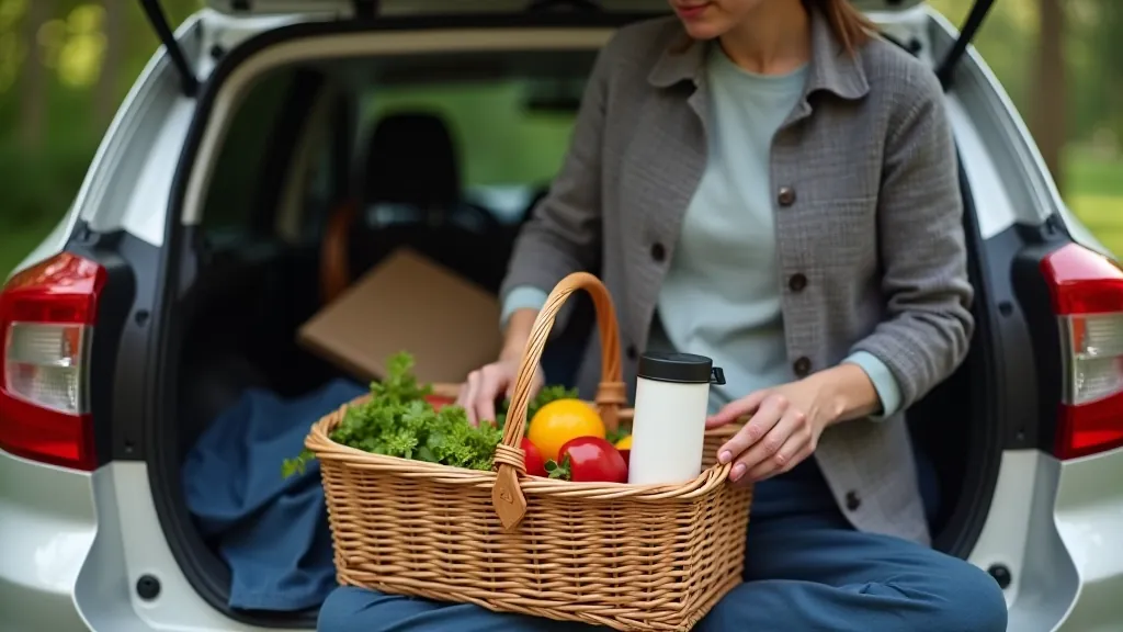 Person packing picnic basket with food and thermos in car trunk for outdoor trip