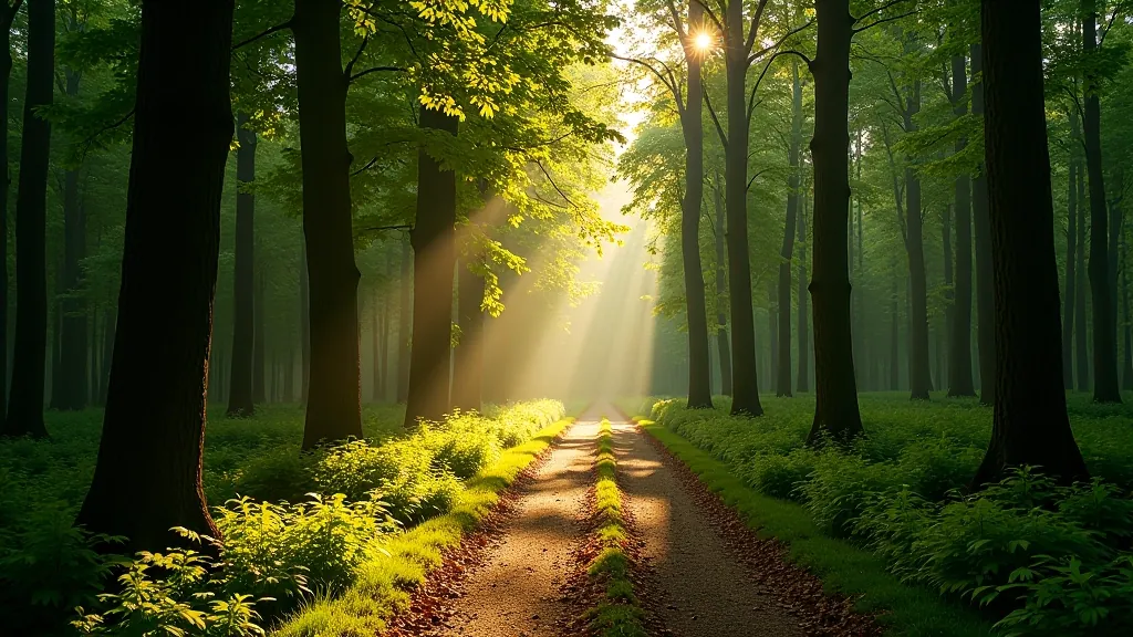 Scenic forest path through Šumava with sunlight filtering through beech trees