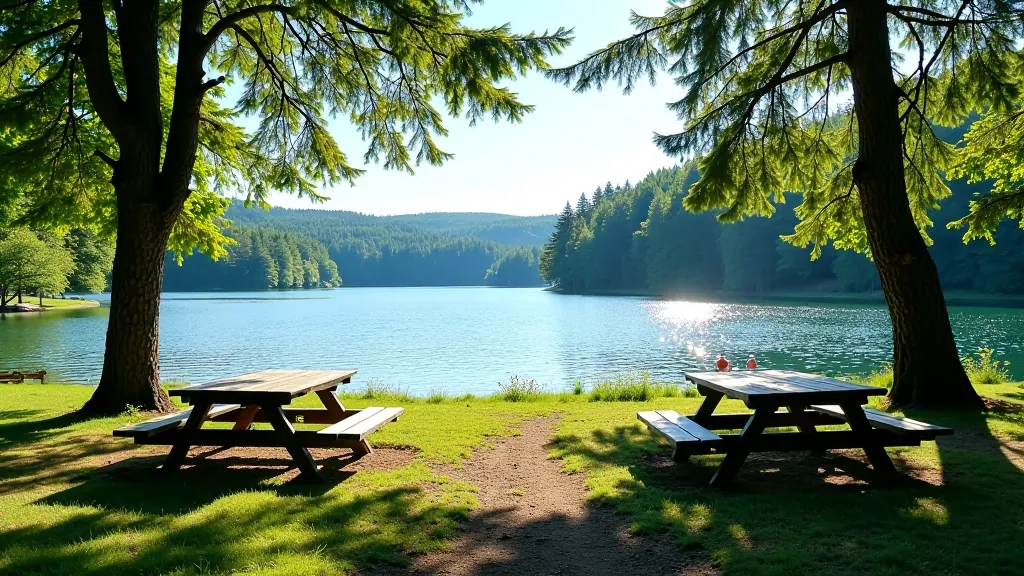 Lipno Lake shoreline with picnic tables under pine trees and calm blue water visible in background
