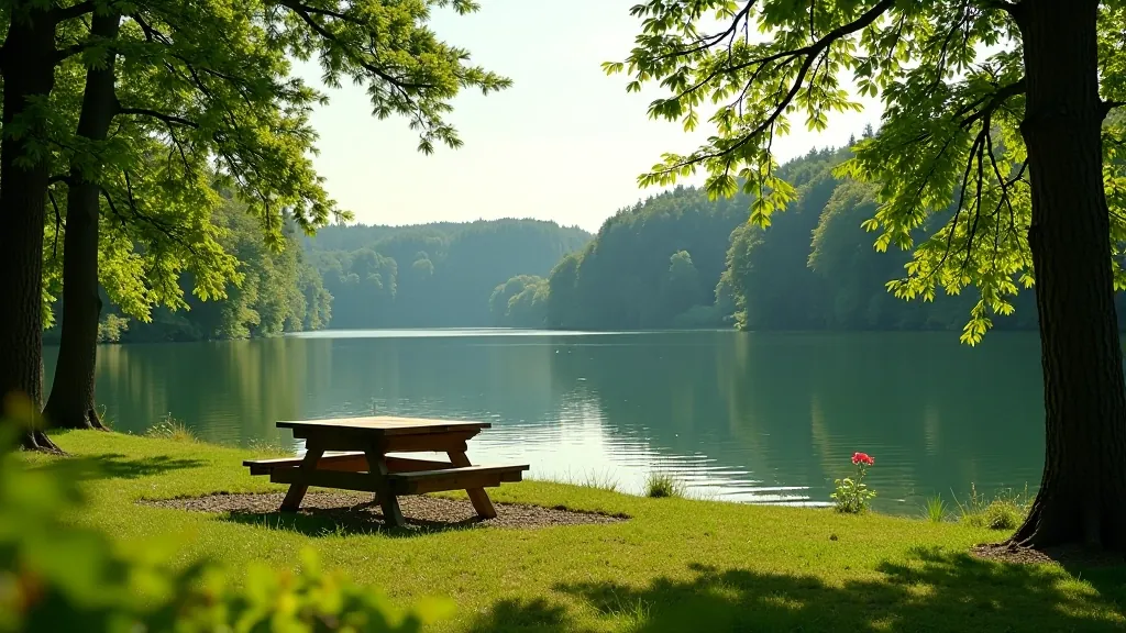 Scenic lakeside picnic area with peaceful water views, green forest background, perfect spot for outdoor recreation in Czech Republic