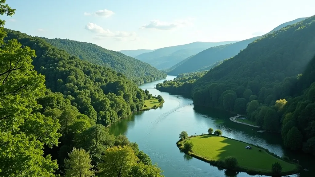 Scenic river valley landscape with winding Vltava river and green banks