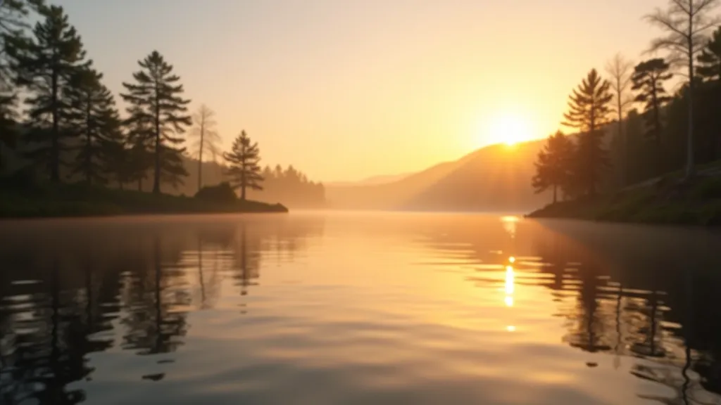 Peaceful lake at sunset with golden light reflecting on water