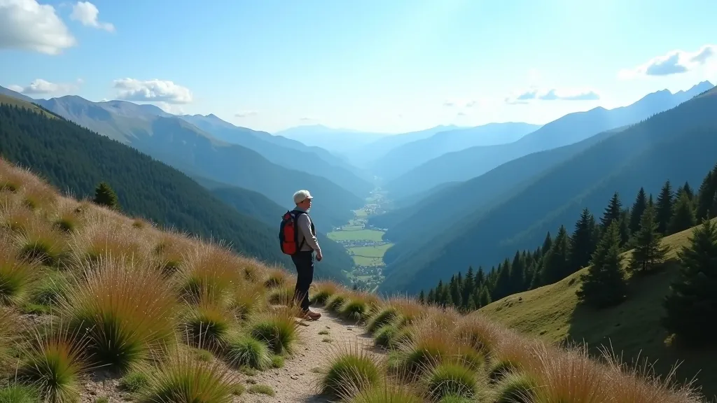 Alpine forest ridge view with sparse vegetation and distant mountain peaks under blue sky