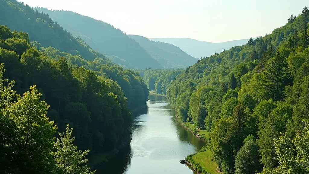 Vltava River valley scenic viewpoint with river winding through forested landscape
