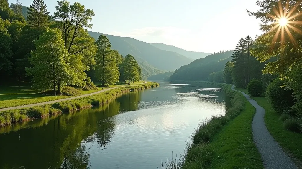 Vltava river valley with scenic drives and gentle walking paths, riverside landscape with trees and peaceful water views